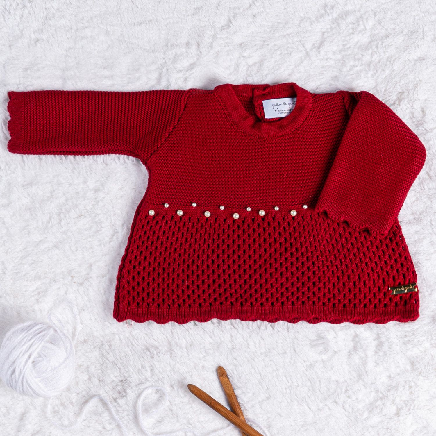 Vestido Tricot com Pérolas Vermelho