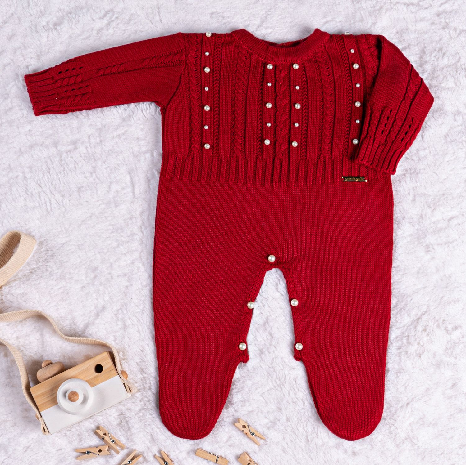 Macacão Tricot Trança Pérola Vermelho