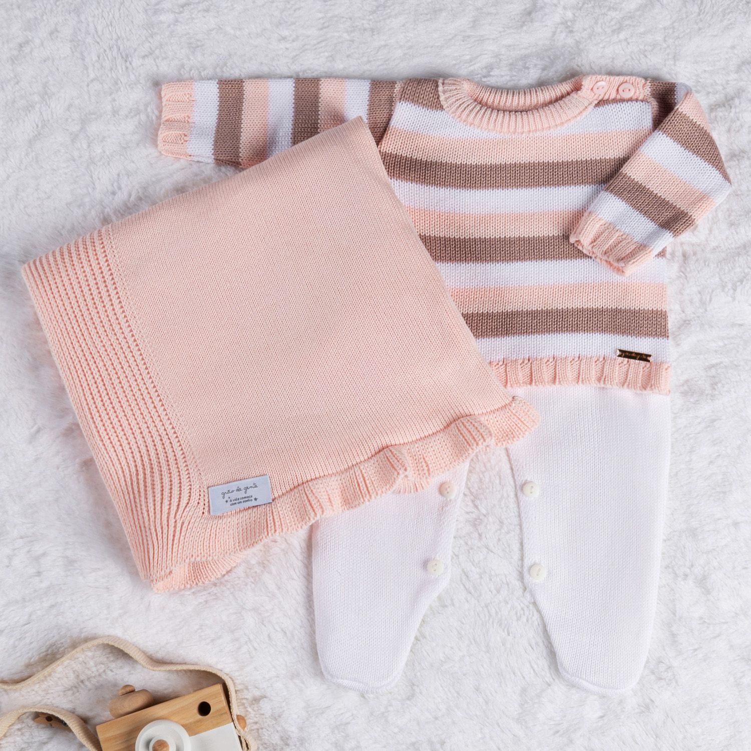 Saída Maternidade Tricot Casaquinho Listrado Rosa 03 Peças