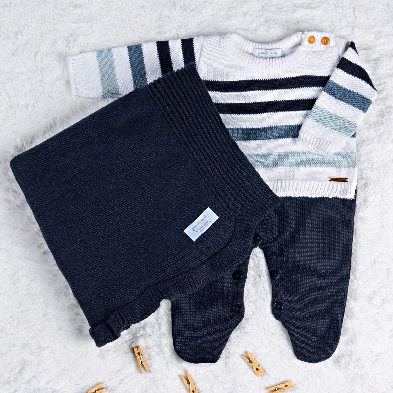 Saída Maternidade Tricot Degradê Listrado Azul Marinho 03 Peças