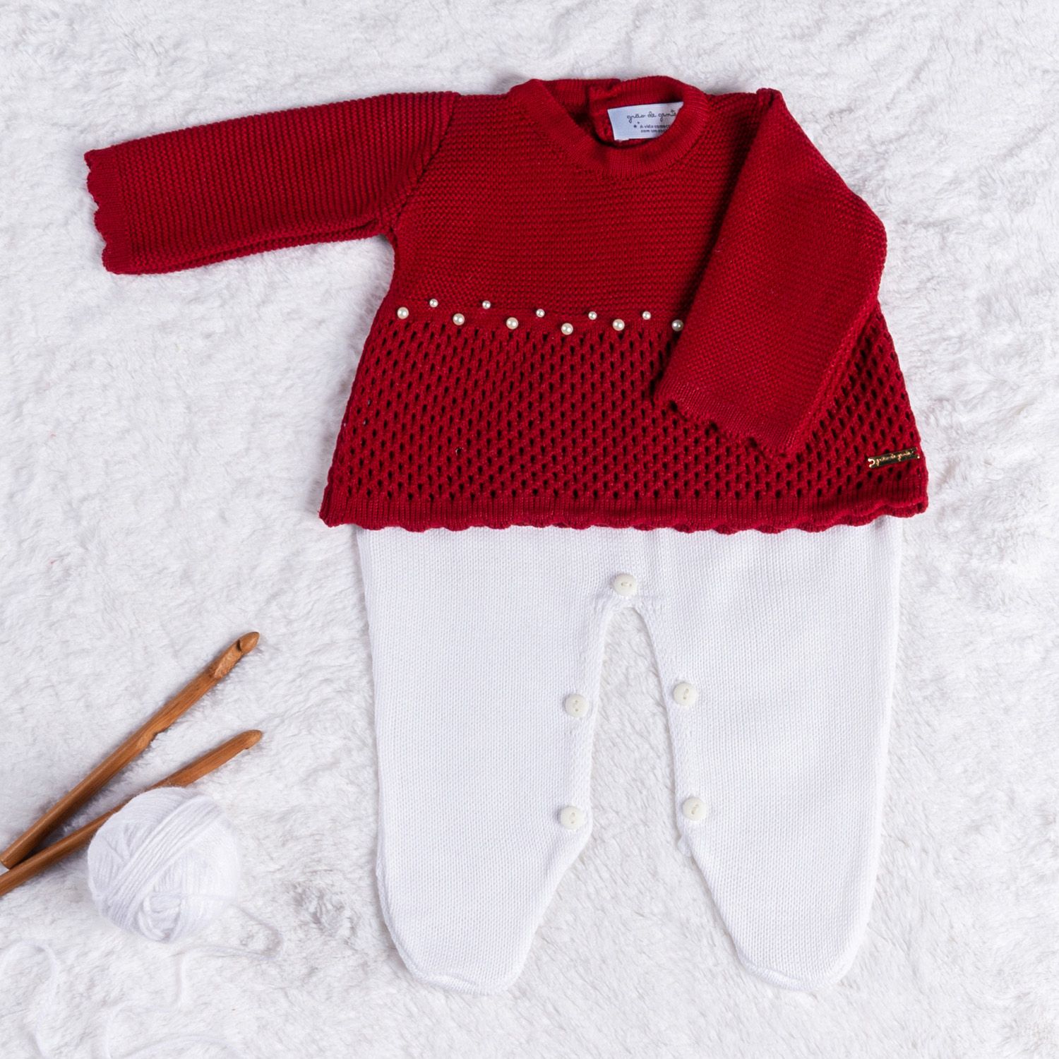 Saída Maternidade Tricot Vestido com Pérolas Vermelho 02 Peças