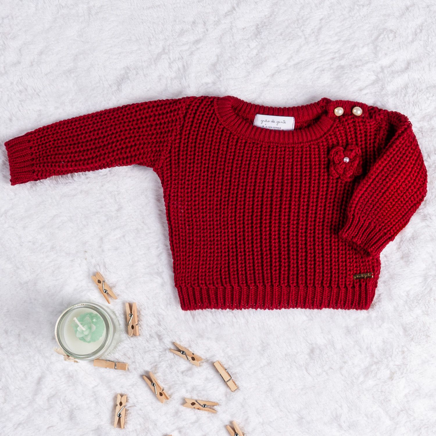 Casaquinho Tricot Menina Flor Vermelho