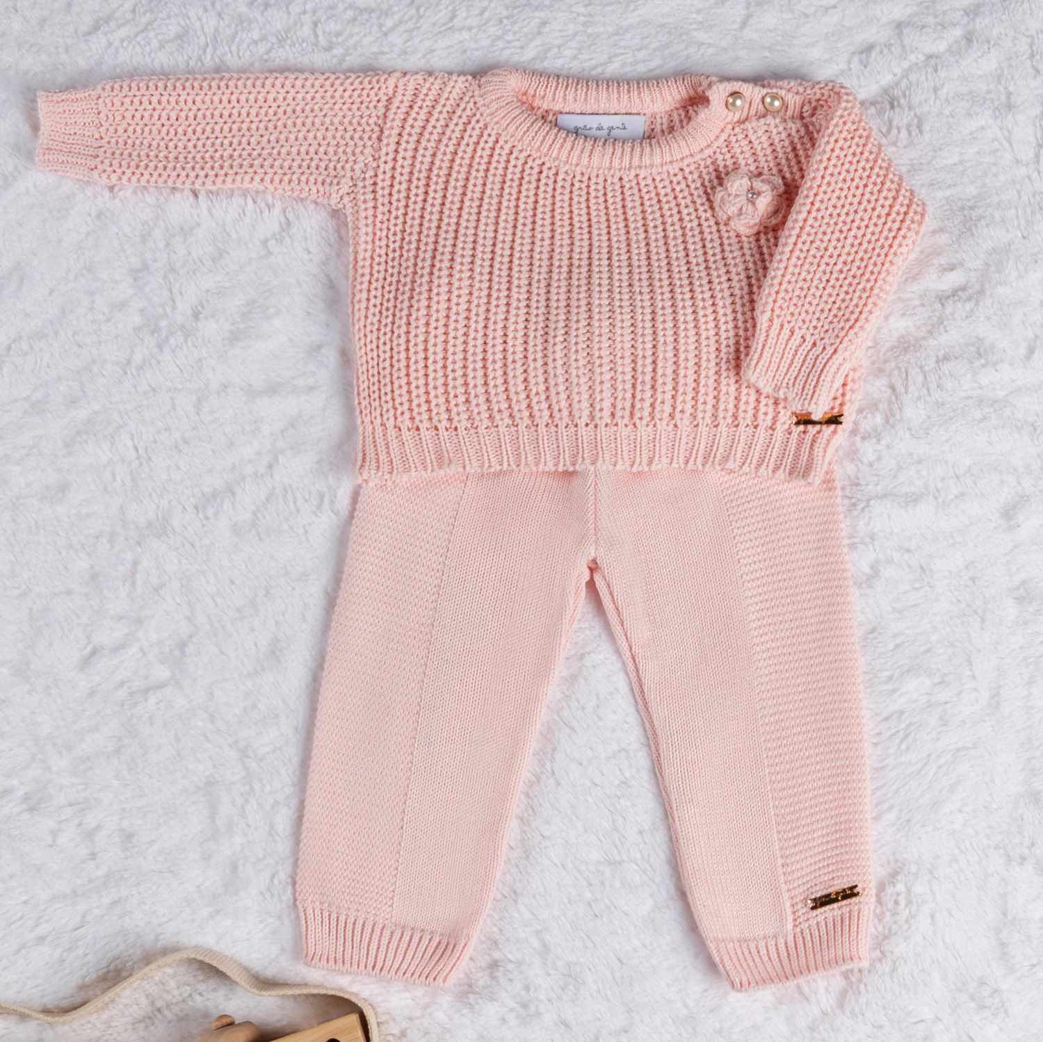 Saída Maternidade Tricot Menina Flor Rosa 02 peças