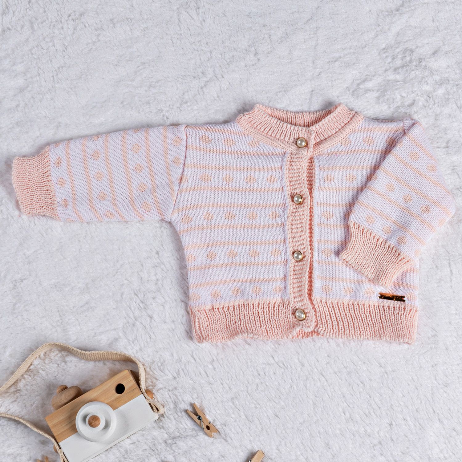 Casaquinho Tricot Listra Poá Rosa