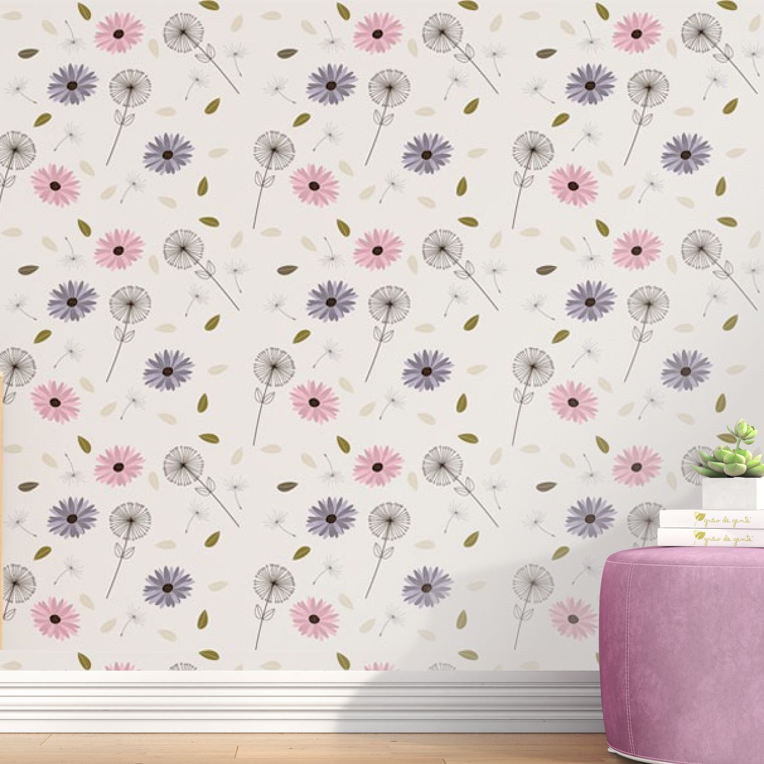 Papel de Parede Dentes-de-Leão e Gérberas Rosa e Lilás 3m
