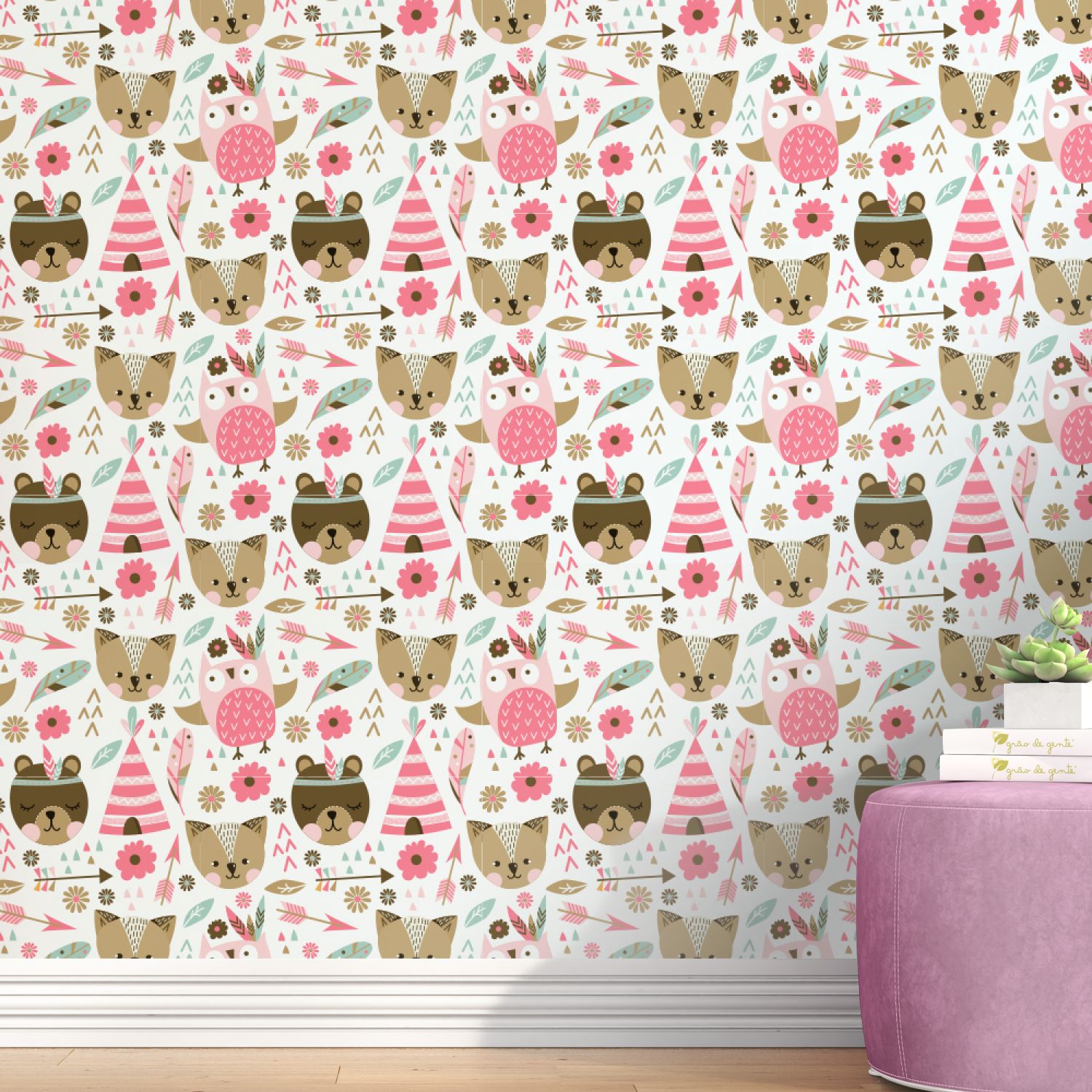 Papel de Parede Floresta Étnica Rosa 3m