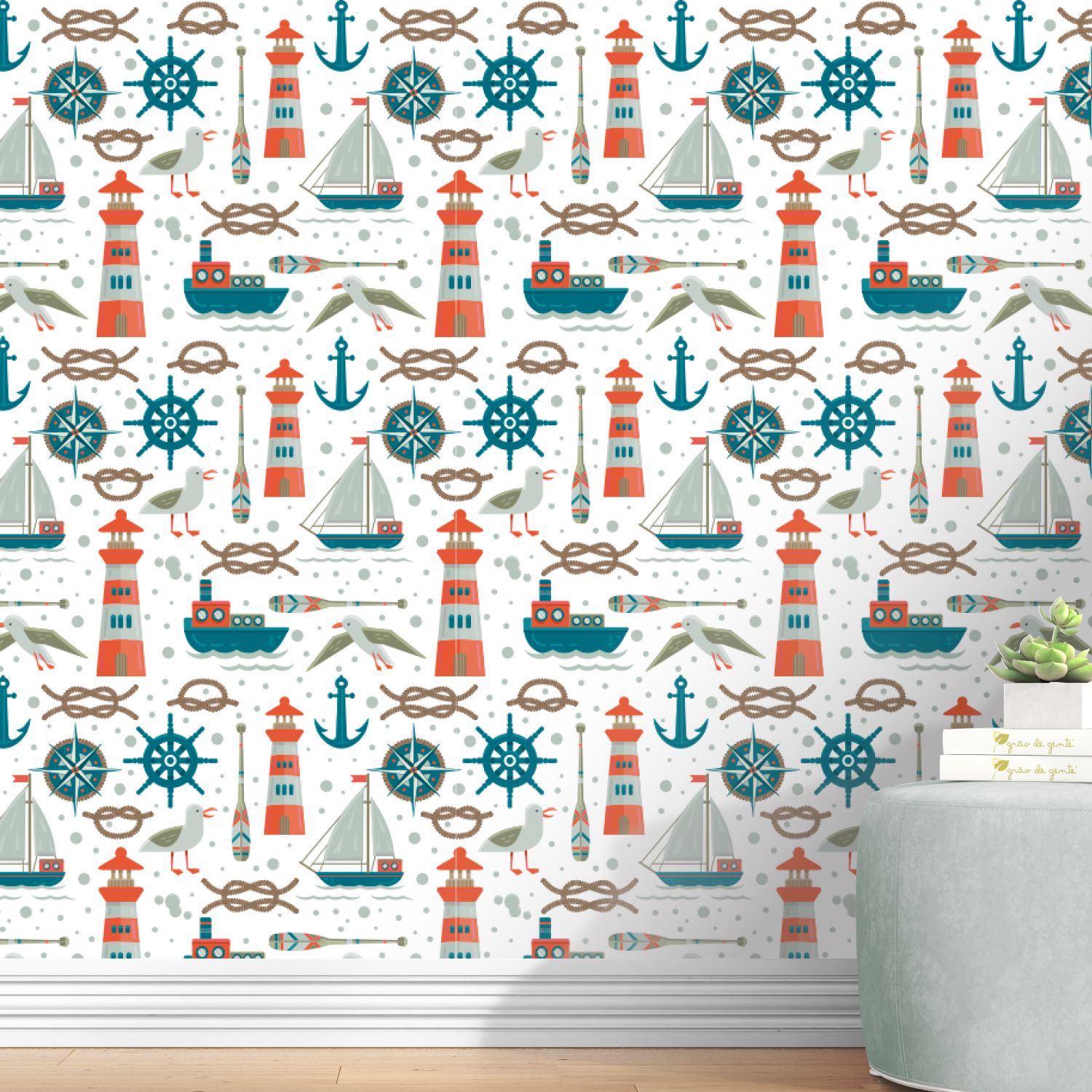 Papel de Parede Náutico Azul e Vermelho 3m