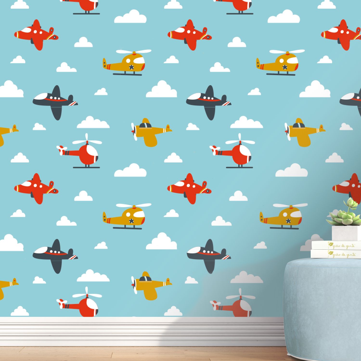 Papel de Parede Avião e Helicóptero Colorido 3m