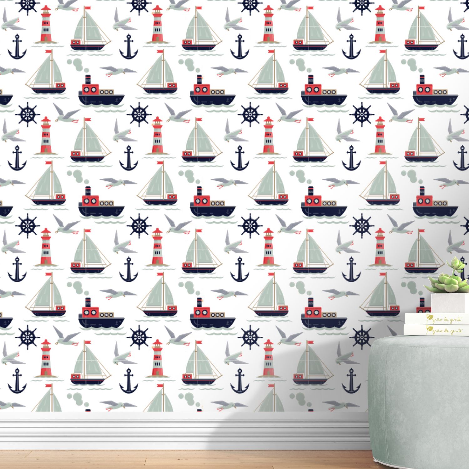 Papel de Parede Marinheiro Azul Marinho e Vermelho 3m