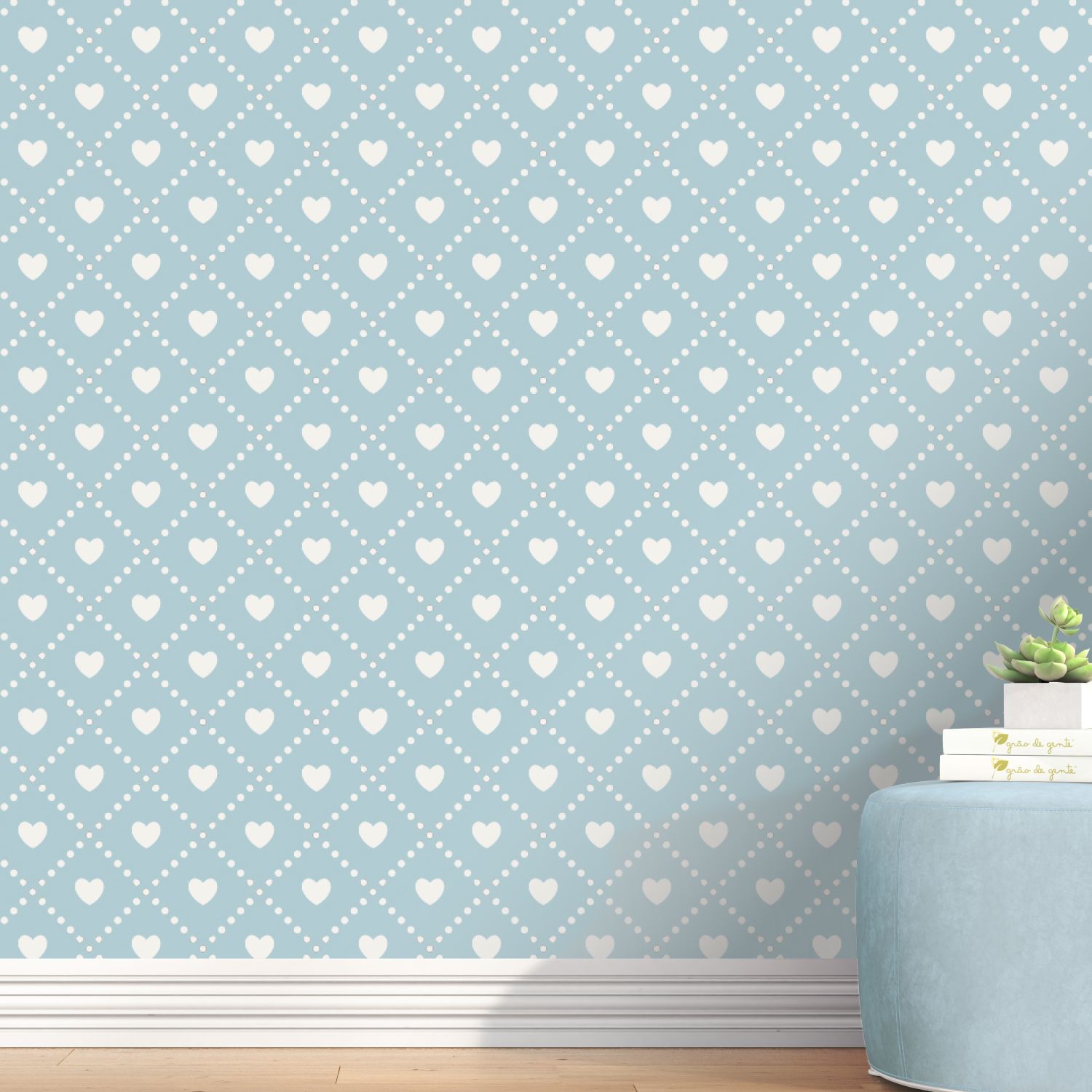 Papel de Parede Coração Xadrez Azul 3m