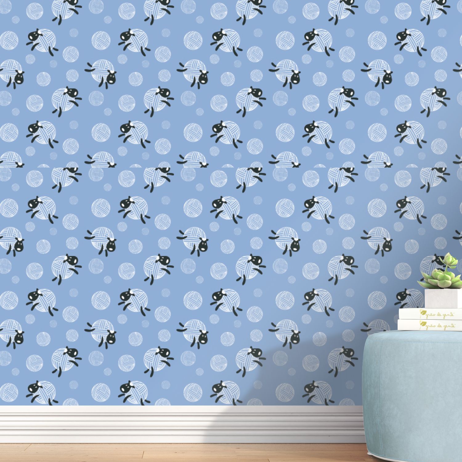 Papel de Parede Ovelha e Novelo de Lã Branco e Azul 3m