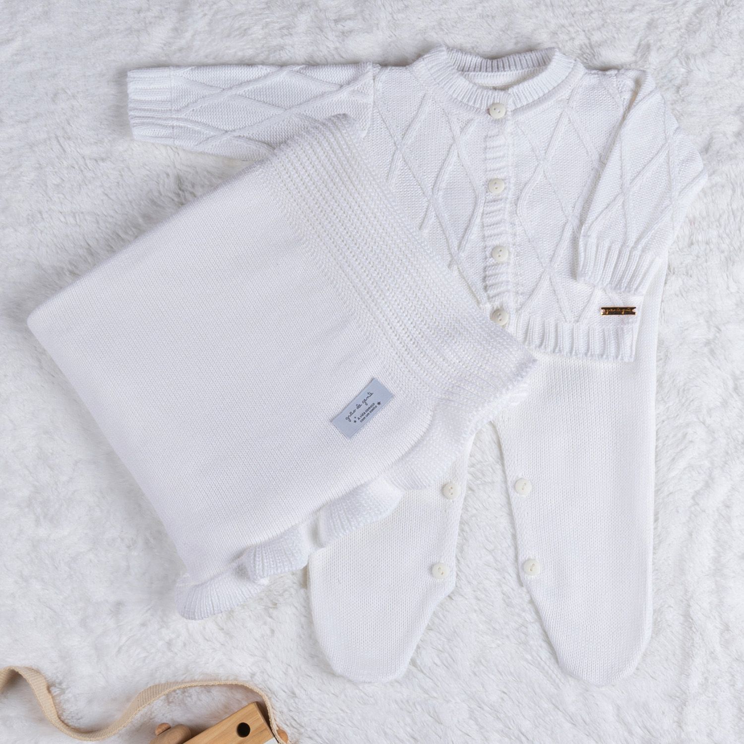 Saída Maternidade Tricot Casaquinho Branco Chantilly 03 Peças