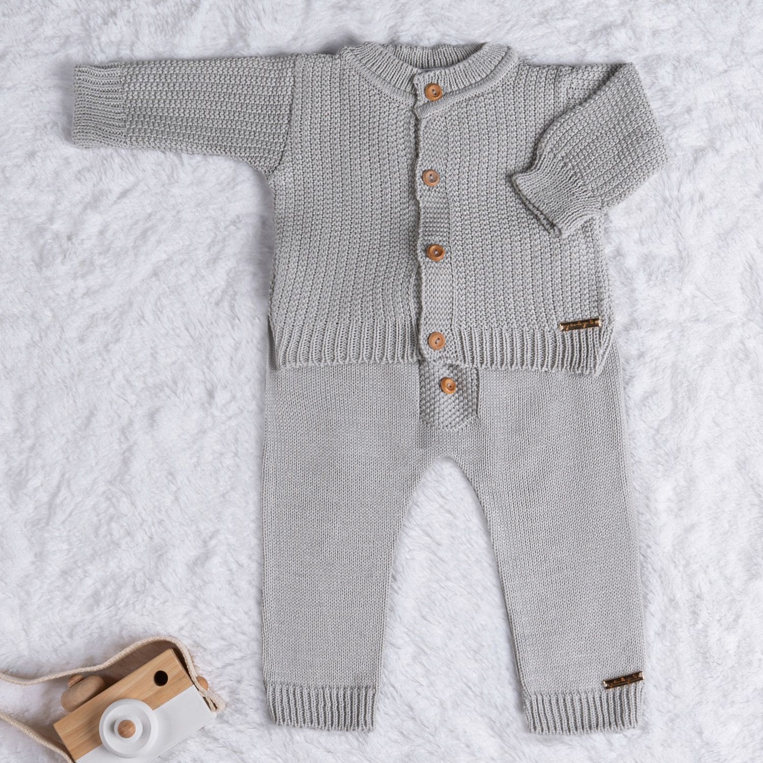 Saída Maternidade Tricot Conjunto Clássico Cinza Macaron 02 Peças