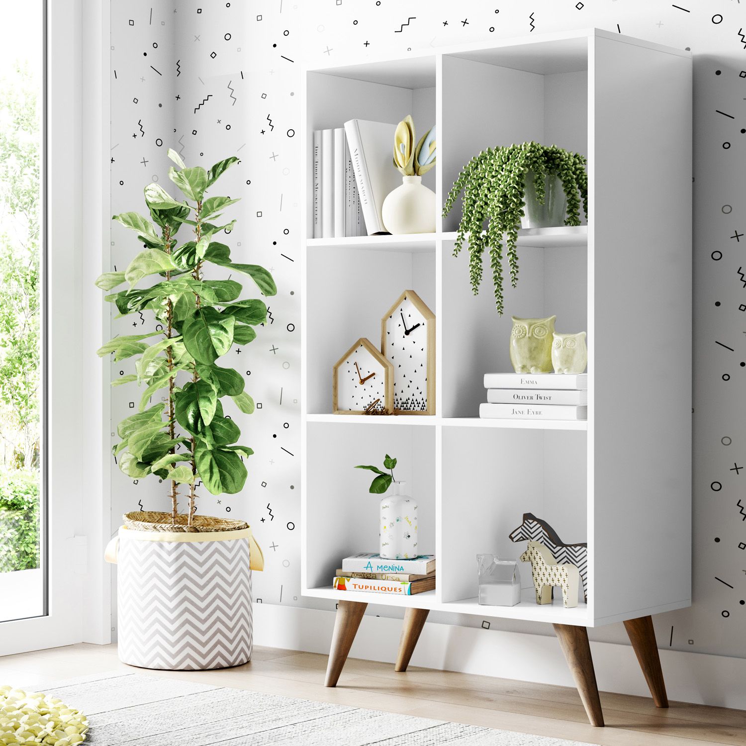 Estante Montessoriana 6 Nichos Branco e Madeira