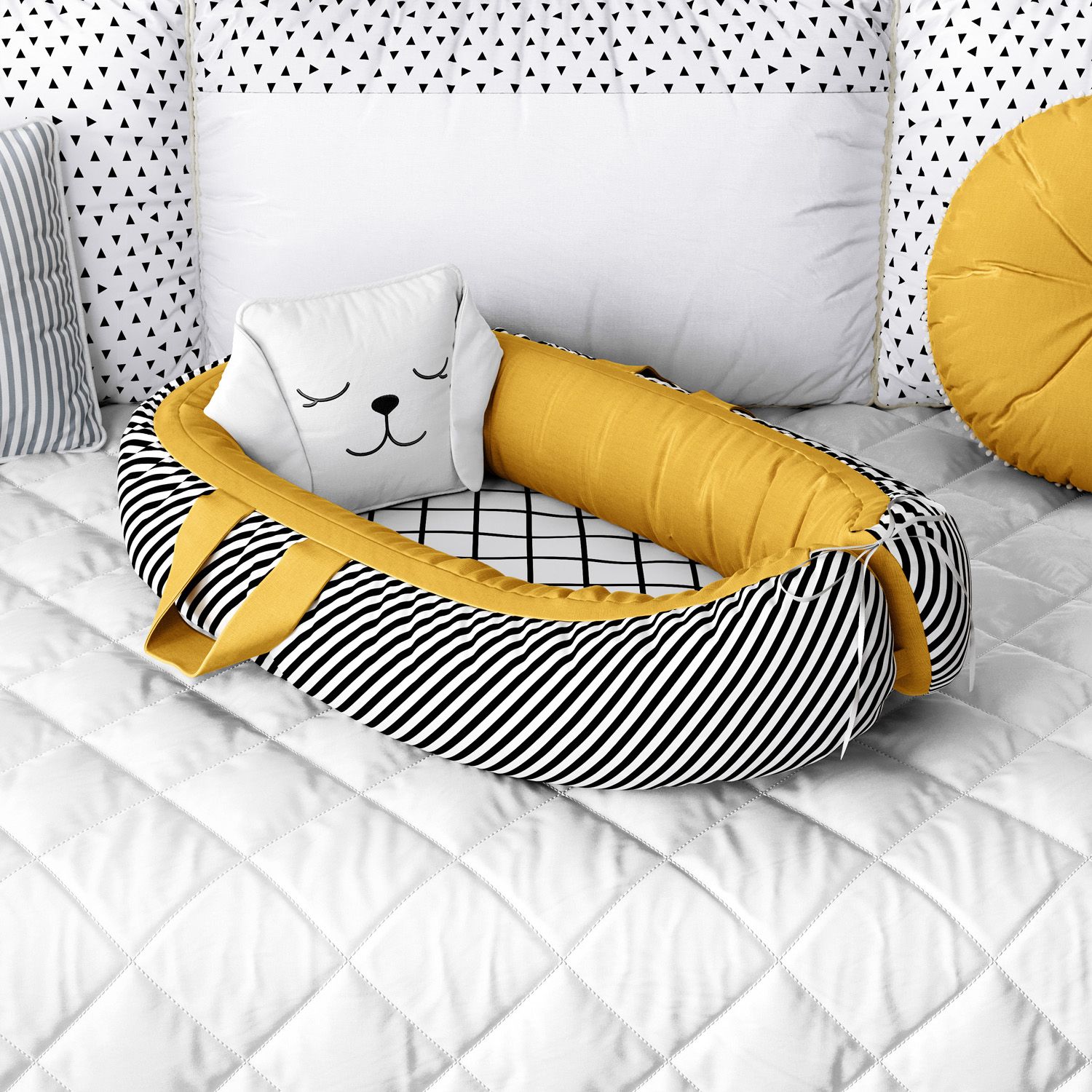 Ninho para Bebê Redutor de Berço Luli Preto, Branco e Amarelo Mostarda 80cm