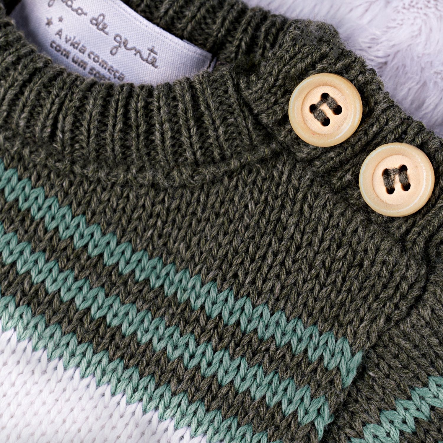 Saída Maternidade Tricot Listra Branco e Verde 02 Peças