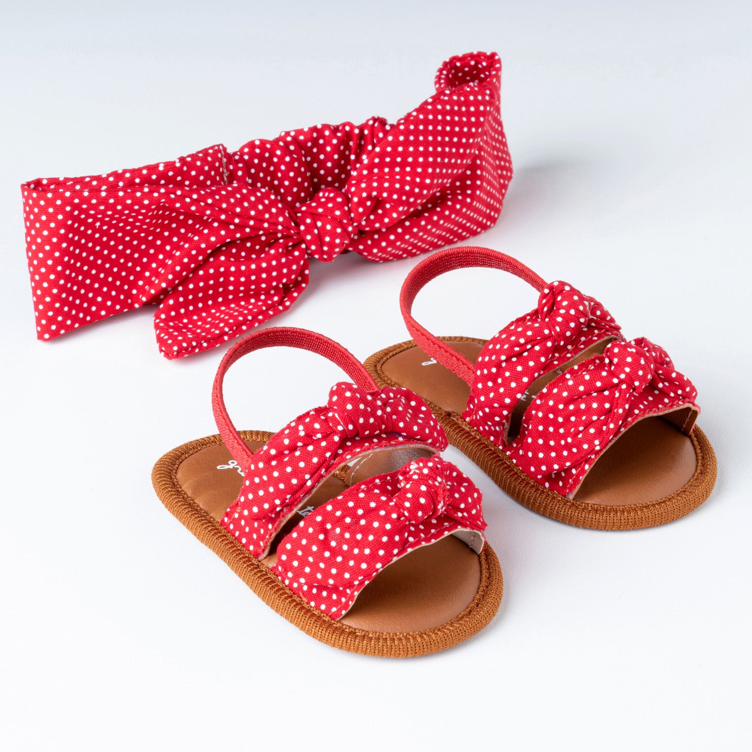 Sandália de Bebê com Faixa de Cabelo Nózinho Poá Vermelho Tam 18