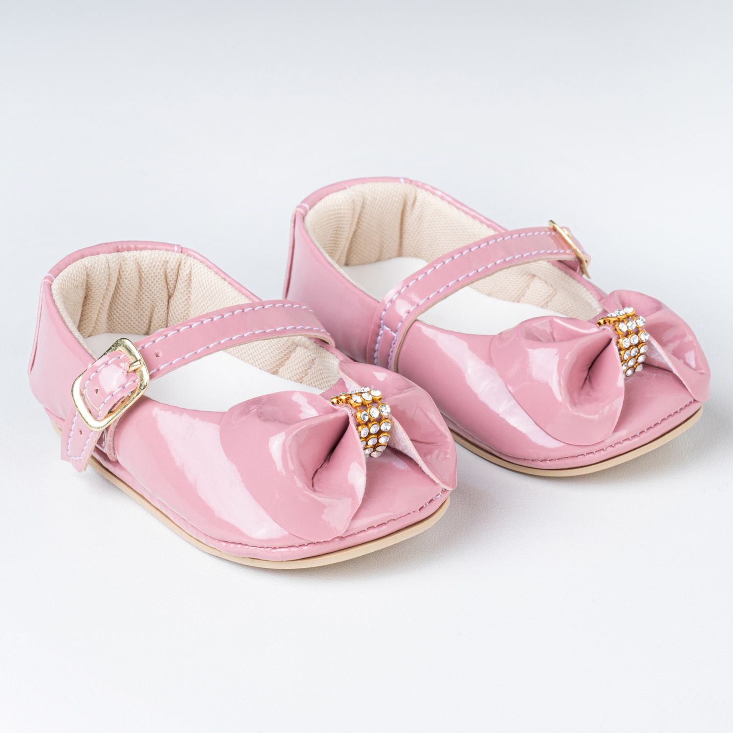 Sapatinho de Bebê Dorothy Laço e Strass Verniz Rosa Tam 17