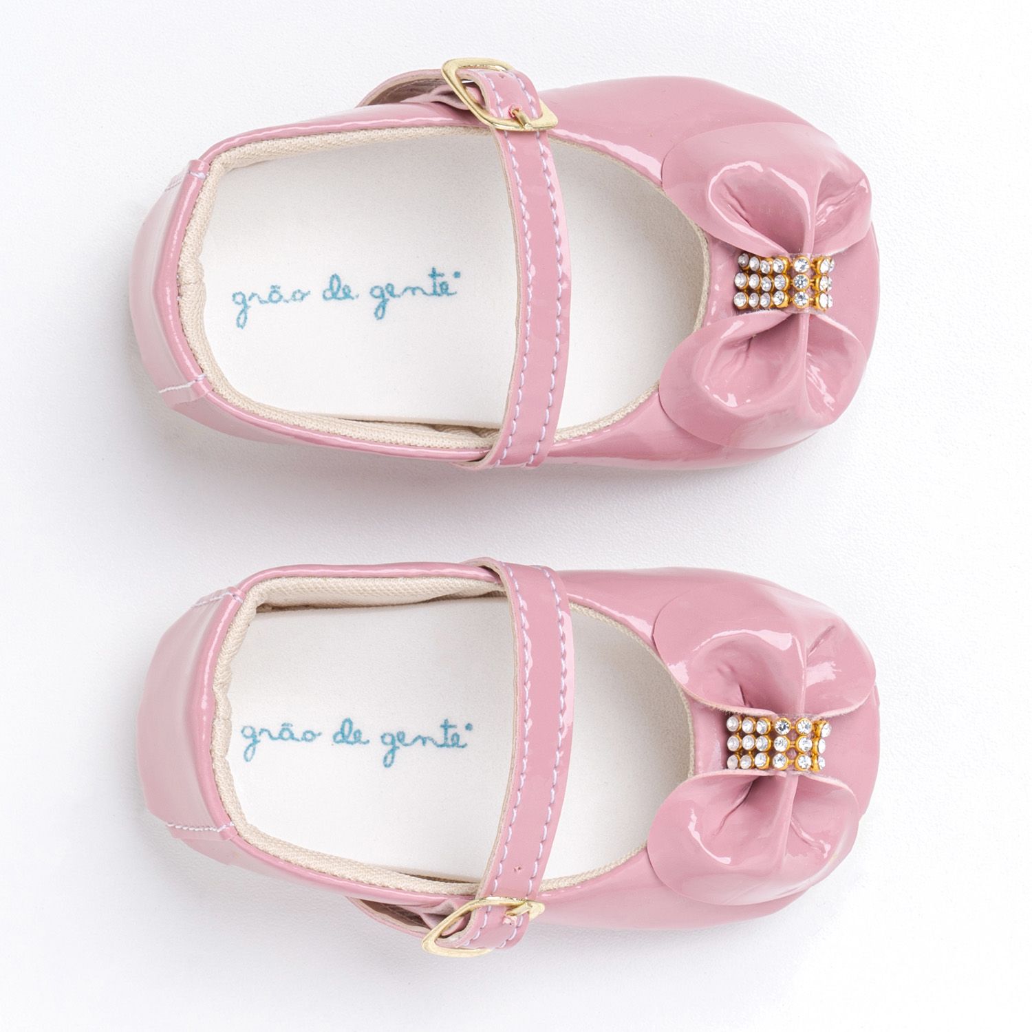 Sapatinho de Bebê Dorothy Laço e Strass Verniz Rosa Tam 17