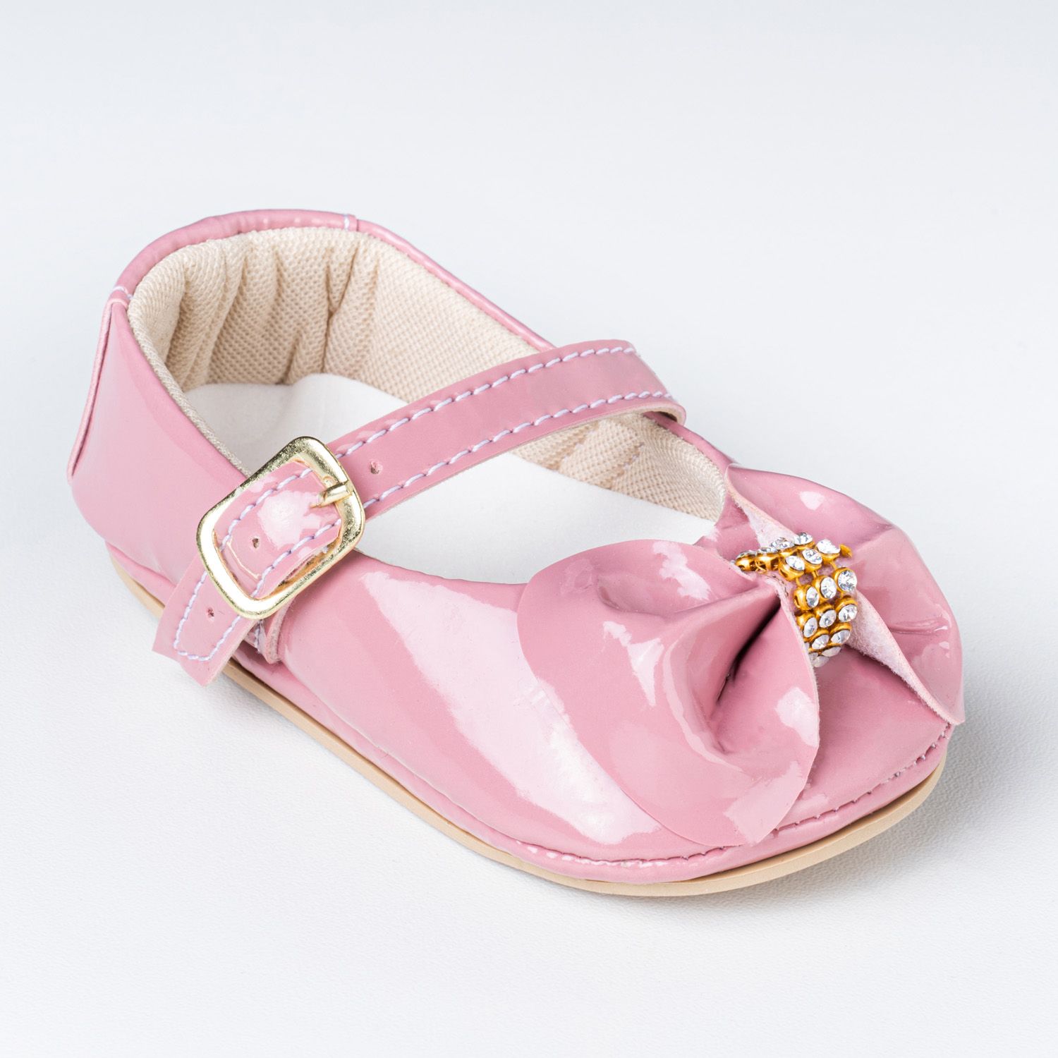 Sapatinho de Bebê Dorothy Laço e Strass Verniz Rosa Tam 17