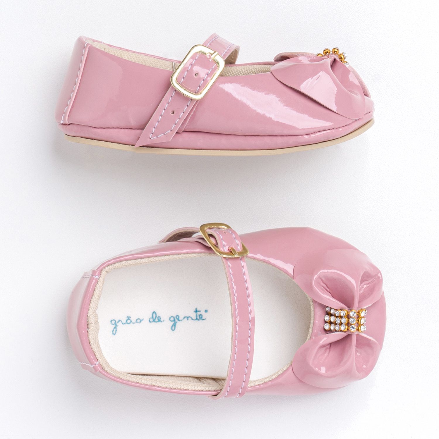 Sapatinho de Bebê Dorothy Laço e Strass Verniz Rosa Tam 17