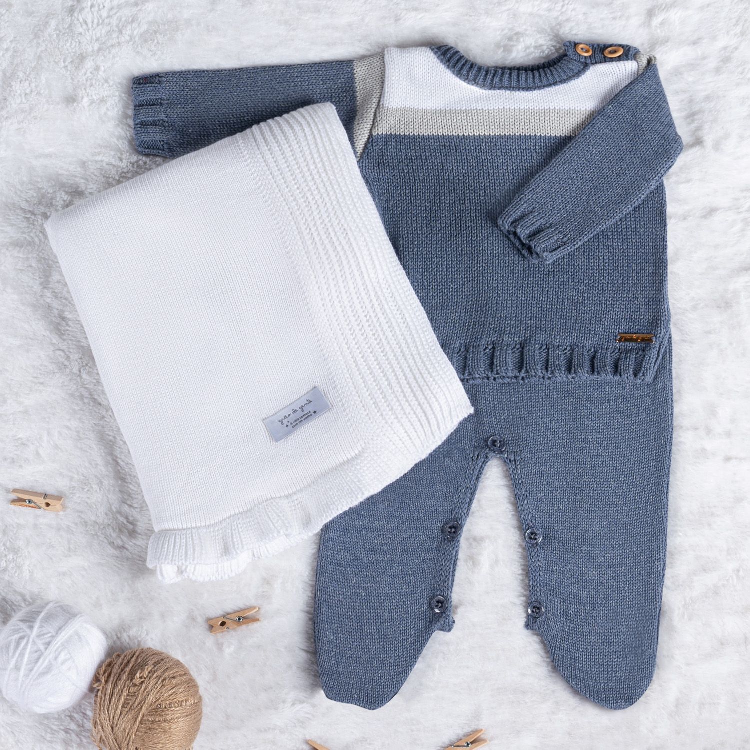 Saída Maternidade Tricot Casaquinho Listrado Azul Jeans 03 Peças