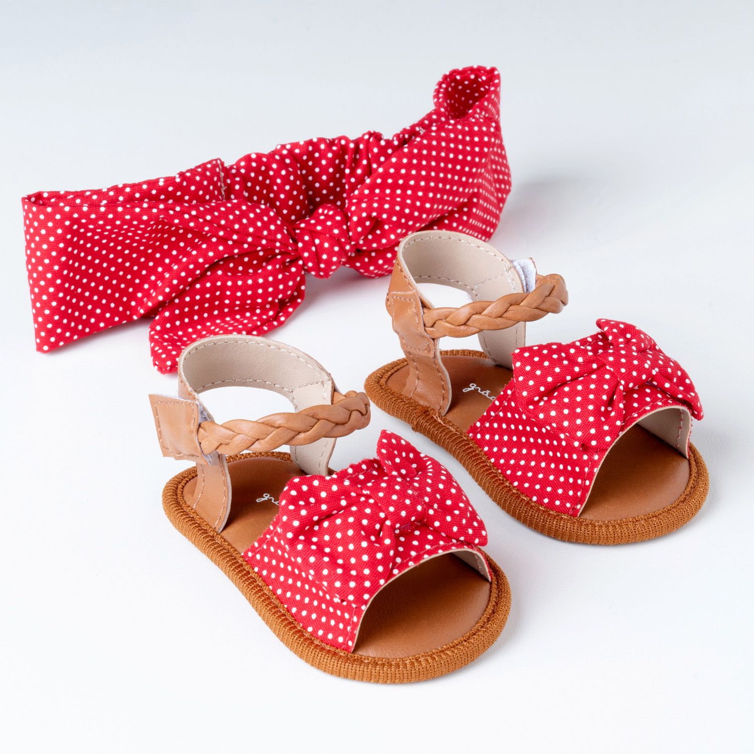 Sandália de Bebê com Faixa de Cabelo Maxi Lacinho Poá Vermelho Tam 15