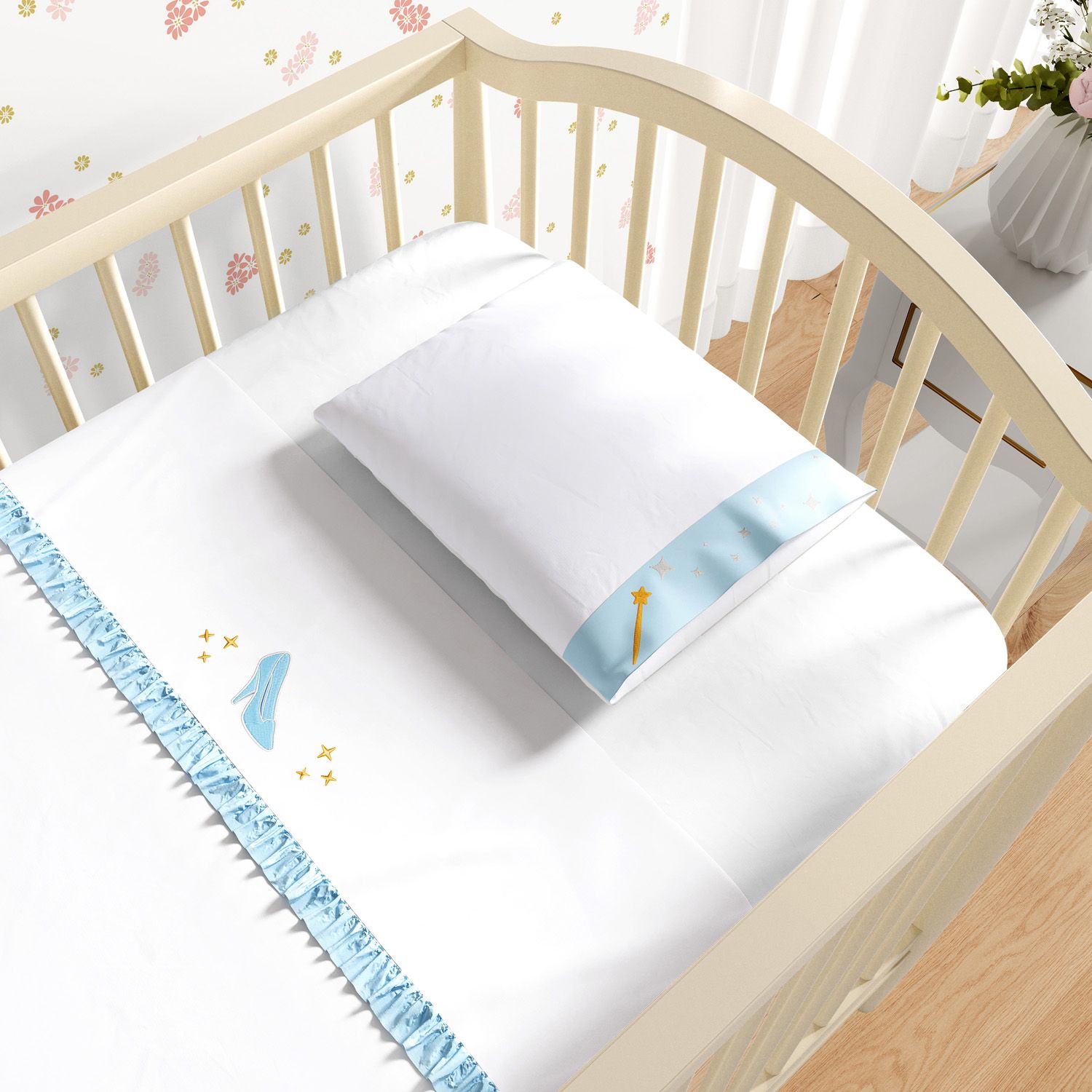 Jogo de Lençol Berço Bordado Princesa Cinderela 3 peças