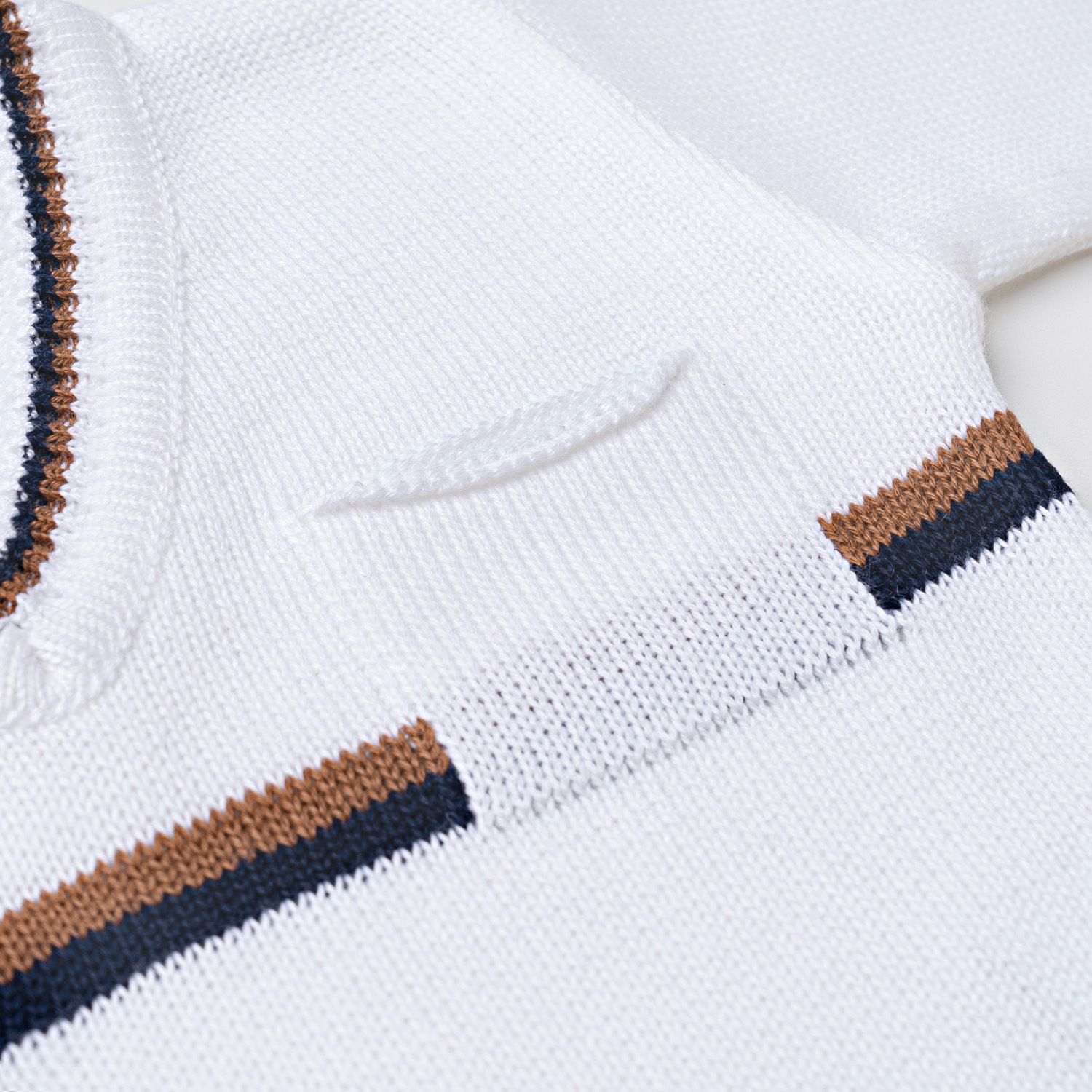 Conjunto Tricot Suéter e Calça Baseball Listras Bege e Azul Marinho 02 Peças