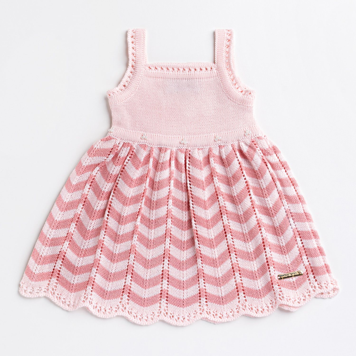 Vestido Tricot Plissado Chevron com Pérolas Rosa e Rosé