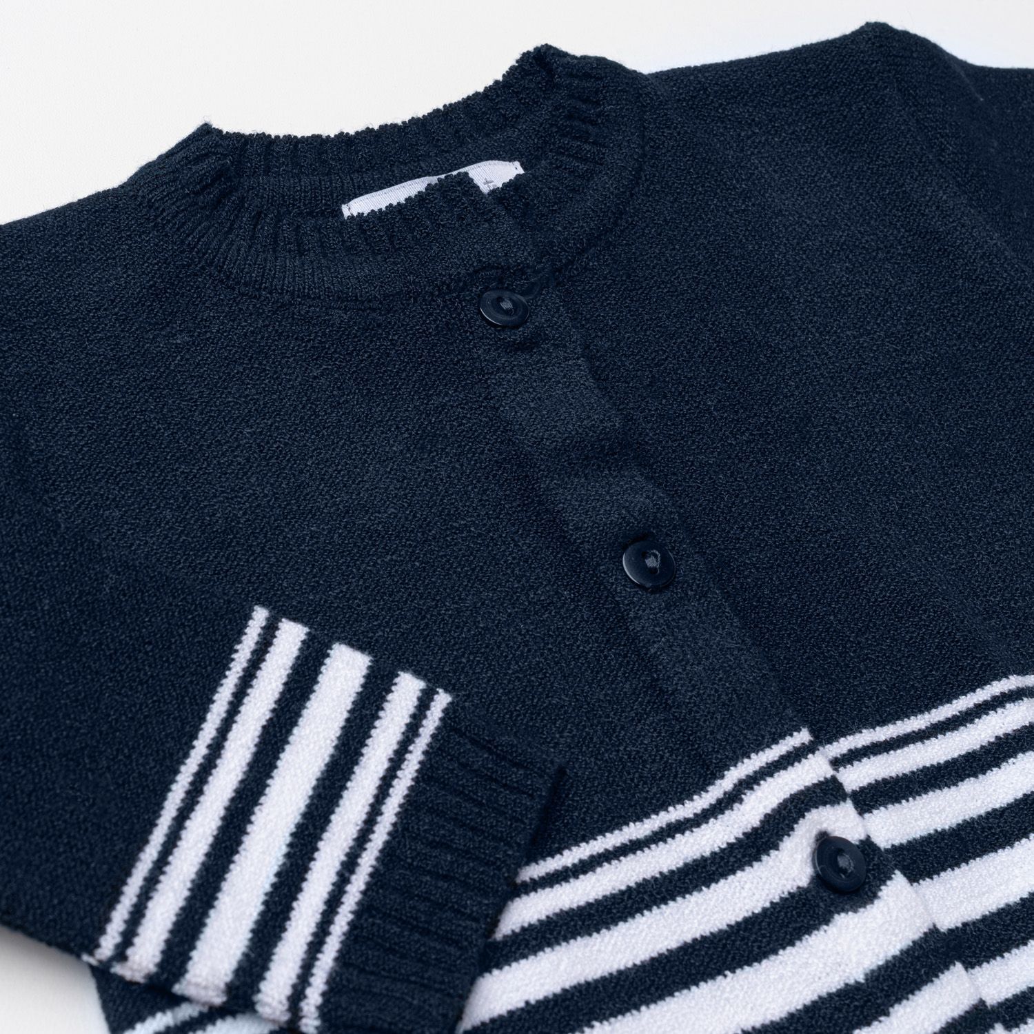 Saída Maternidade Tricot Cardigan e Calça Listras Marinho e Branco 02 Peças