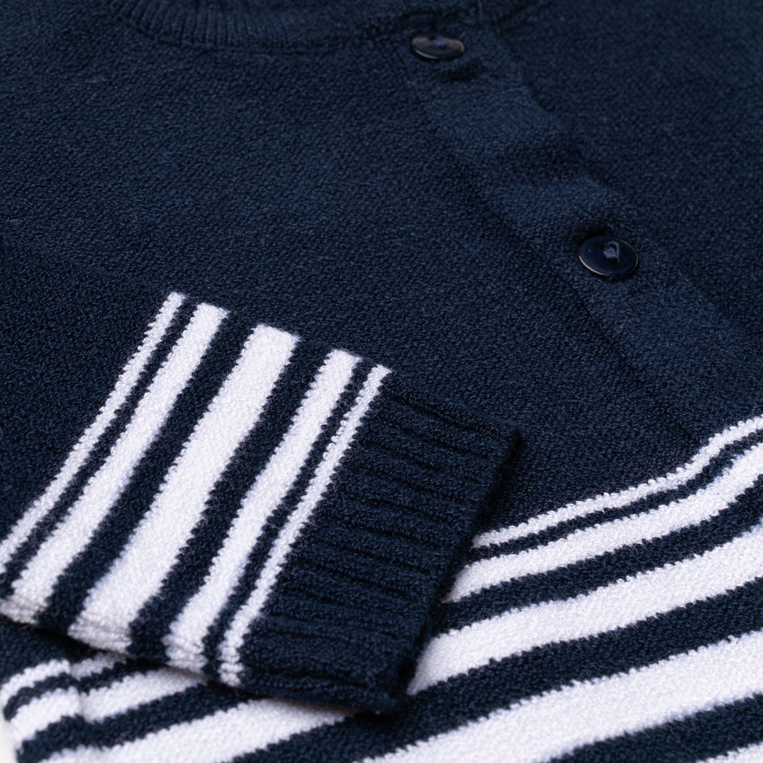 Saída Maternidade Tricot Cardigan e Calça Listras Marinho e Branco 02 Peças