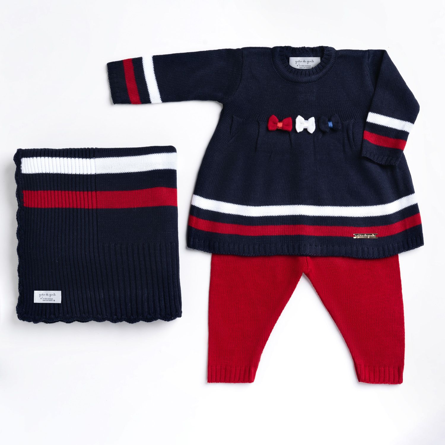 Saída Maternidade Tricot Vestido e Calça Navy Azul Marinho e Vermelho 03 Peças