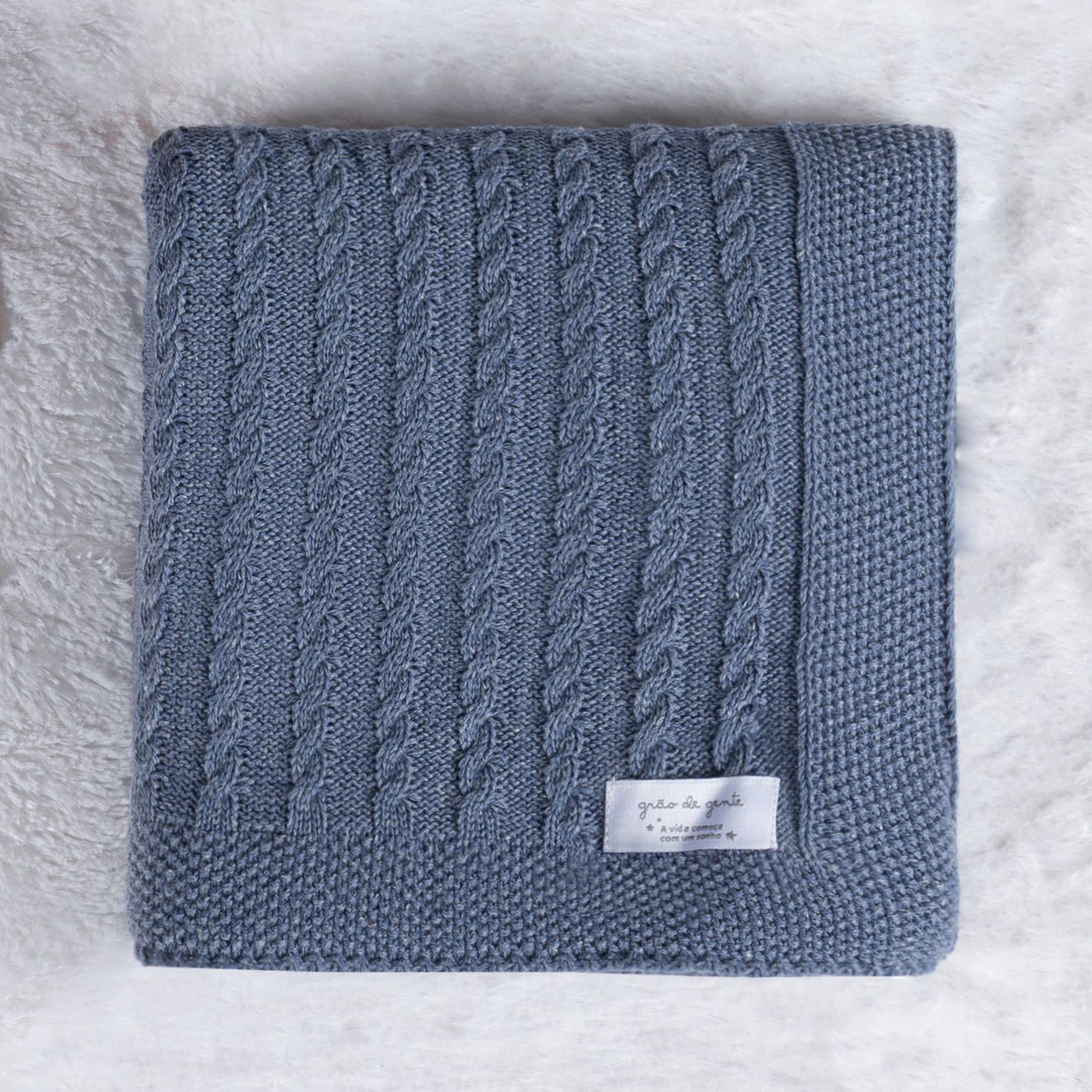 Manta Bebê Tricot Trança Azul Jeans 80cm