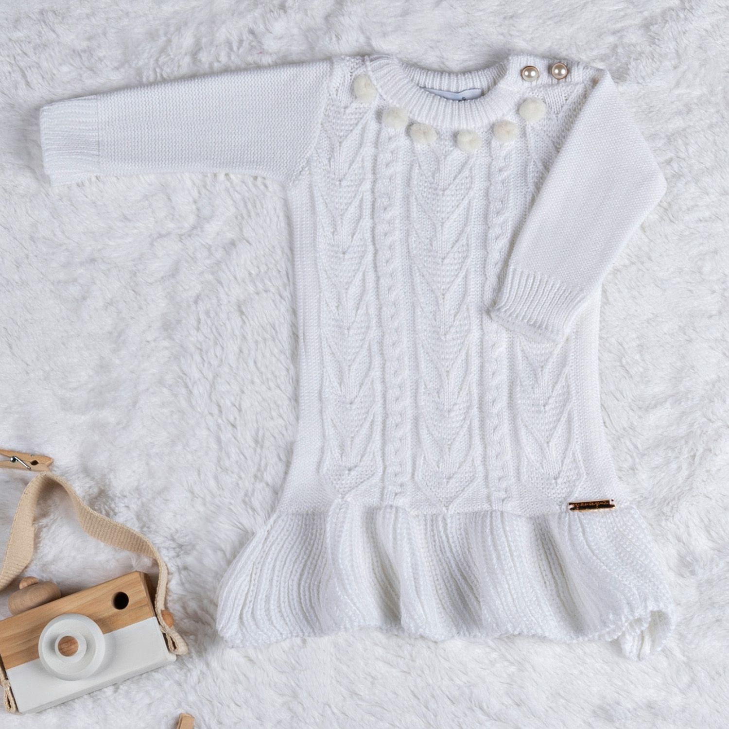 Vestido Tricot Pompom Branco Chantilly