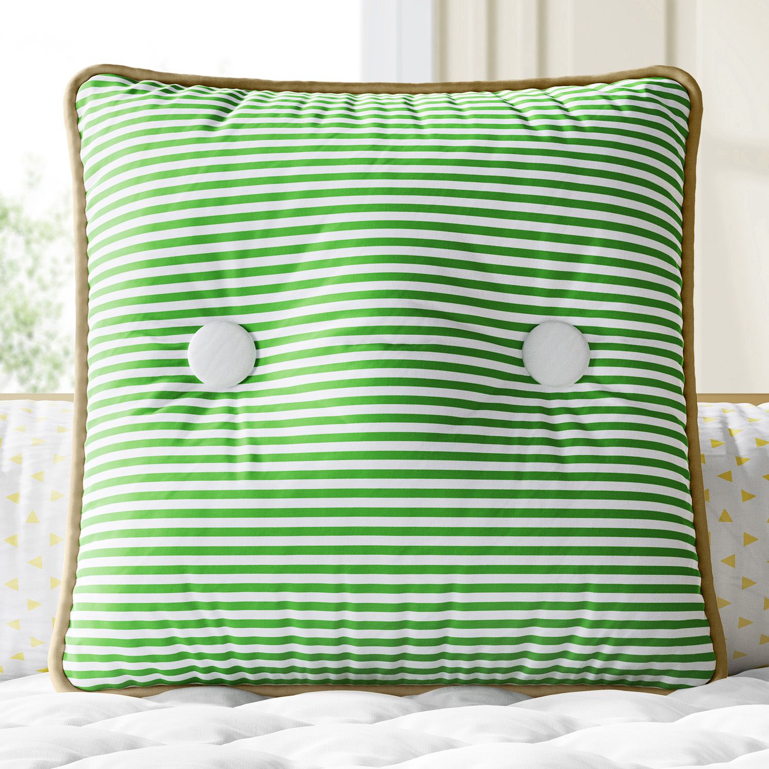 Almofada Botões Listrada Amarelo/Rosa 38cm