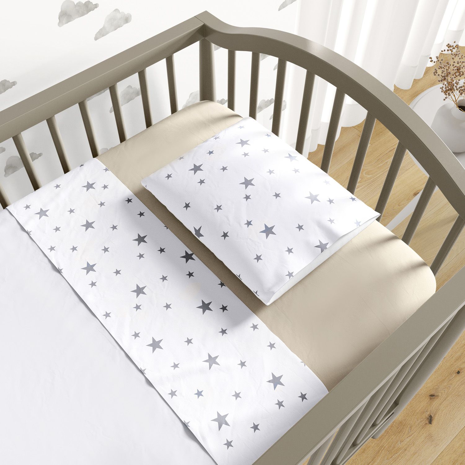 Jogo de Lençol Berço Estrelinhas Cinza e Bege 3 peças