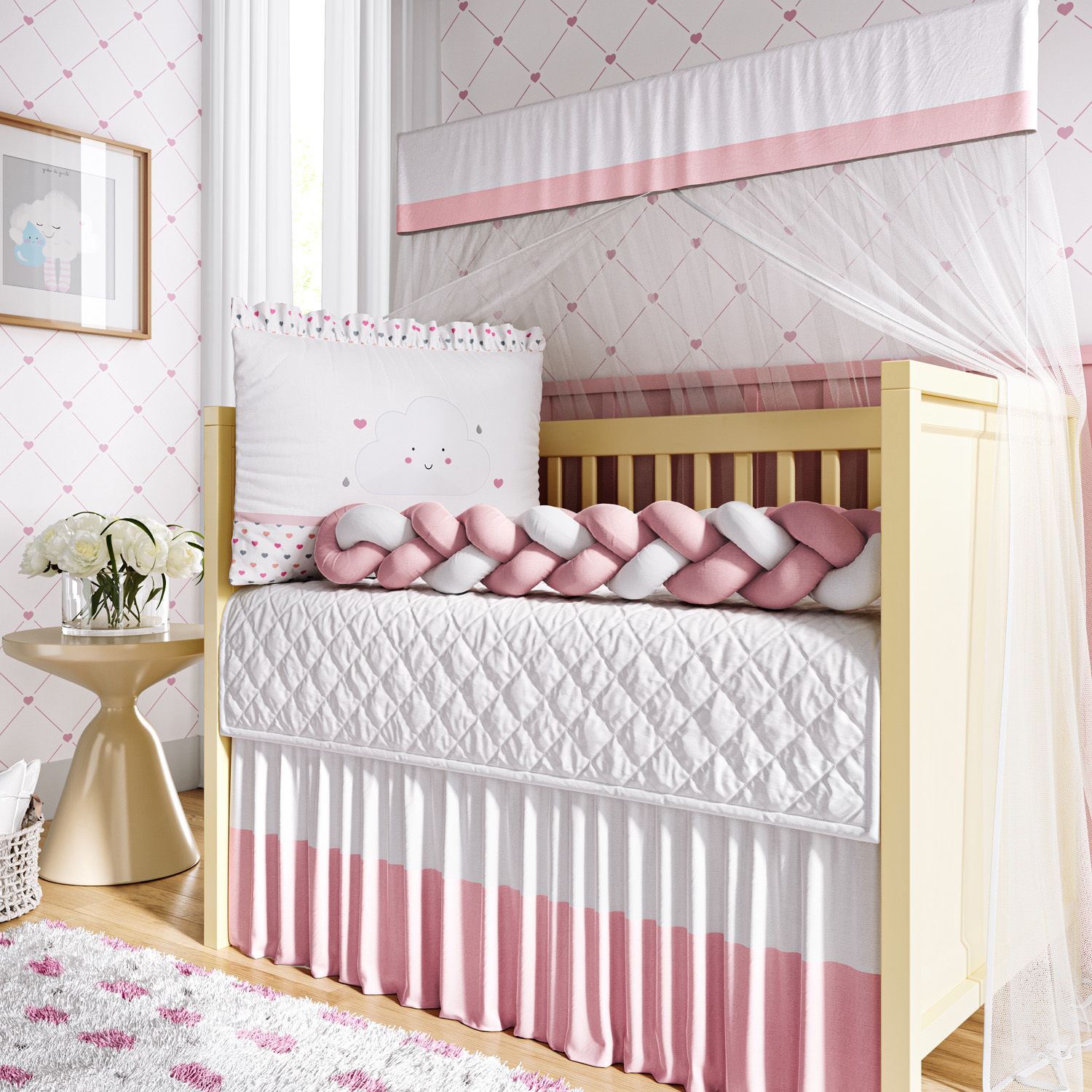 Kit Berço Trança Nuvem Coração Rosa
