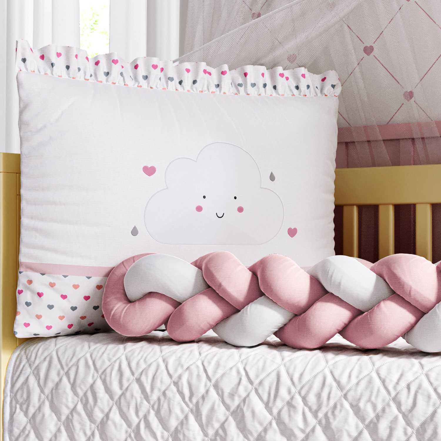 Kit Berço Trança Nuvem Coração Rosa