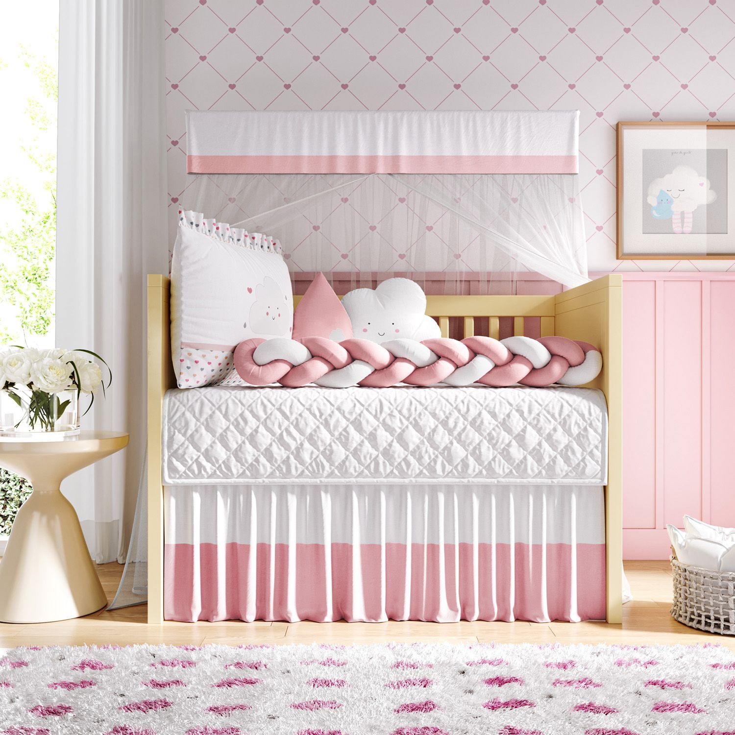 Kit Berço Trança Nuvem Coração Rosa