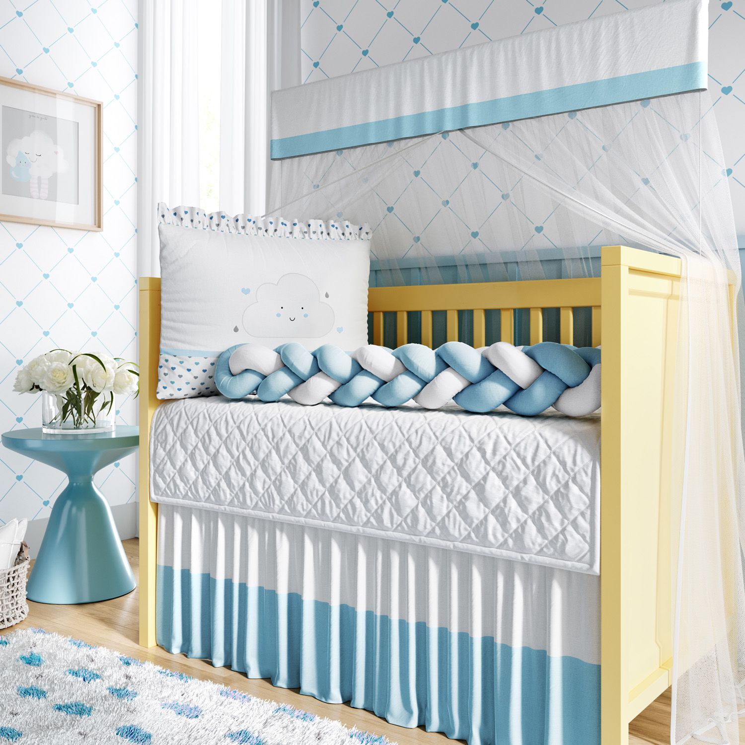 Kit Berço Trança Nuvem Coração Rosa