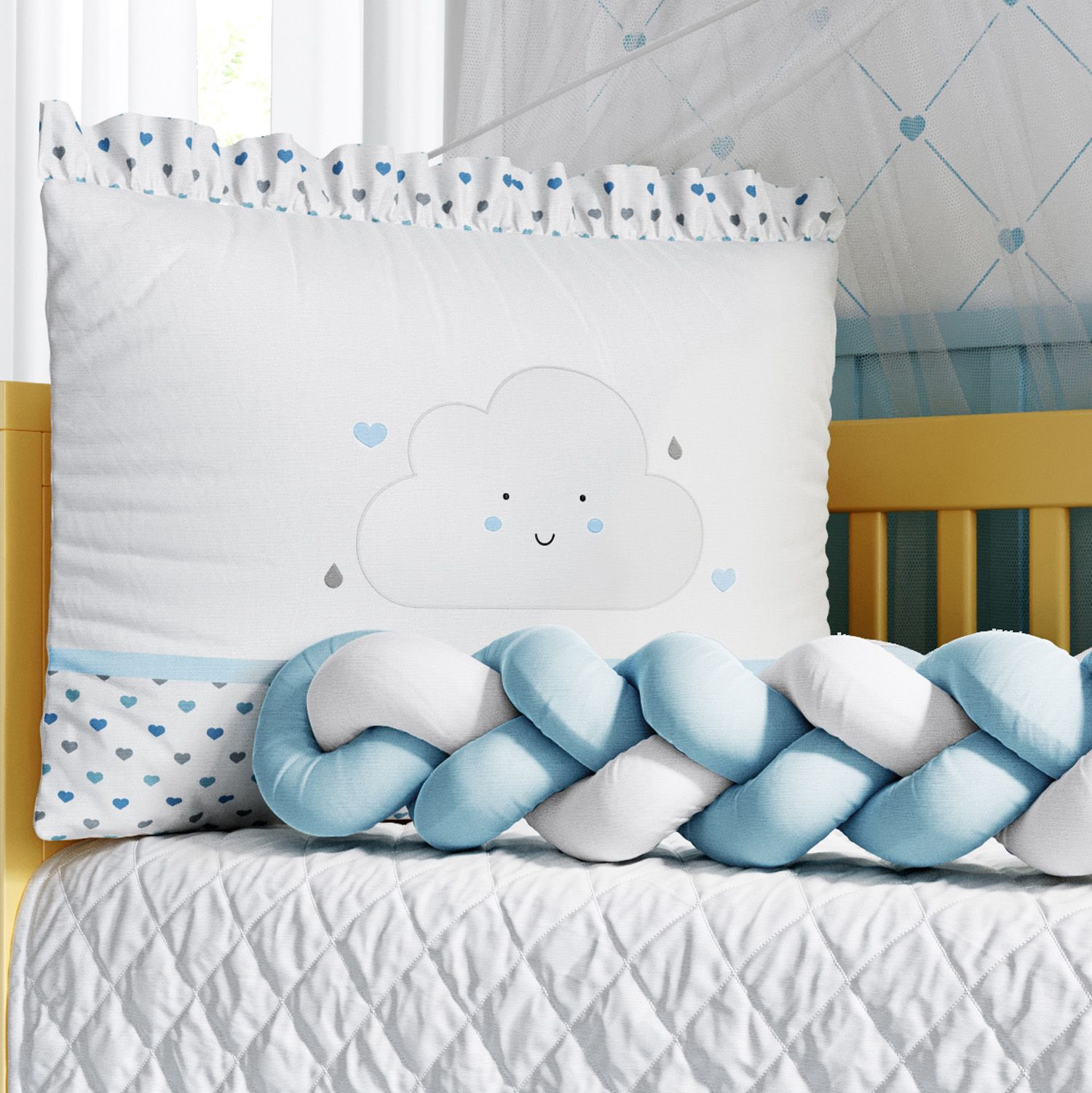 Kit Berço Trança Nuvem Coração Rosa