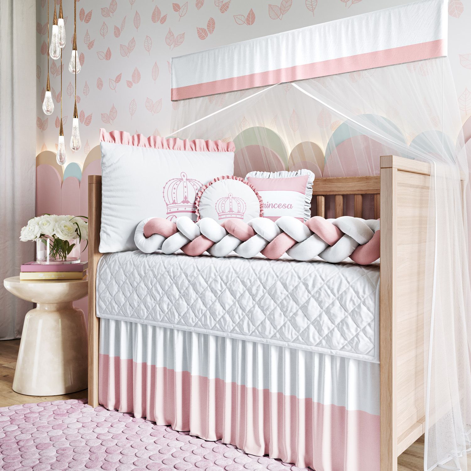 Kit Berço Duas Tranças Menina Princesa Rosa