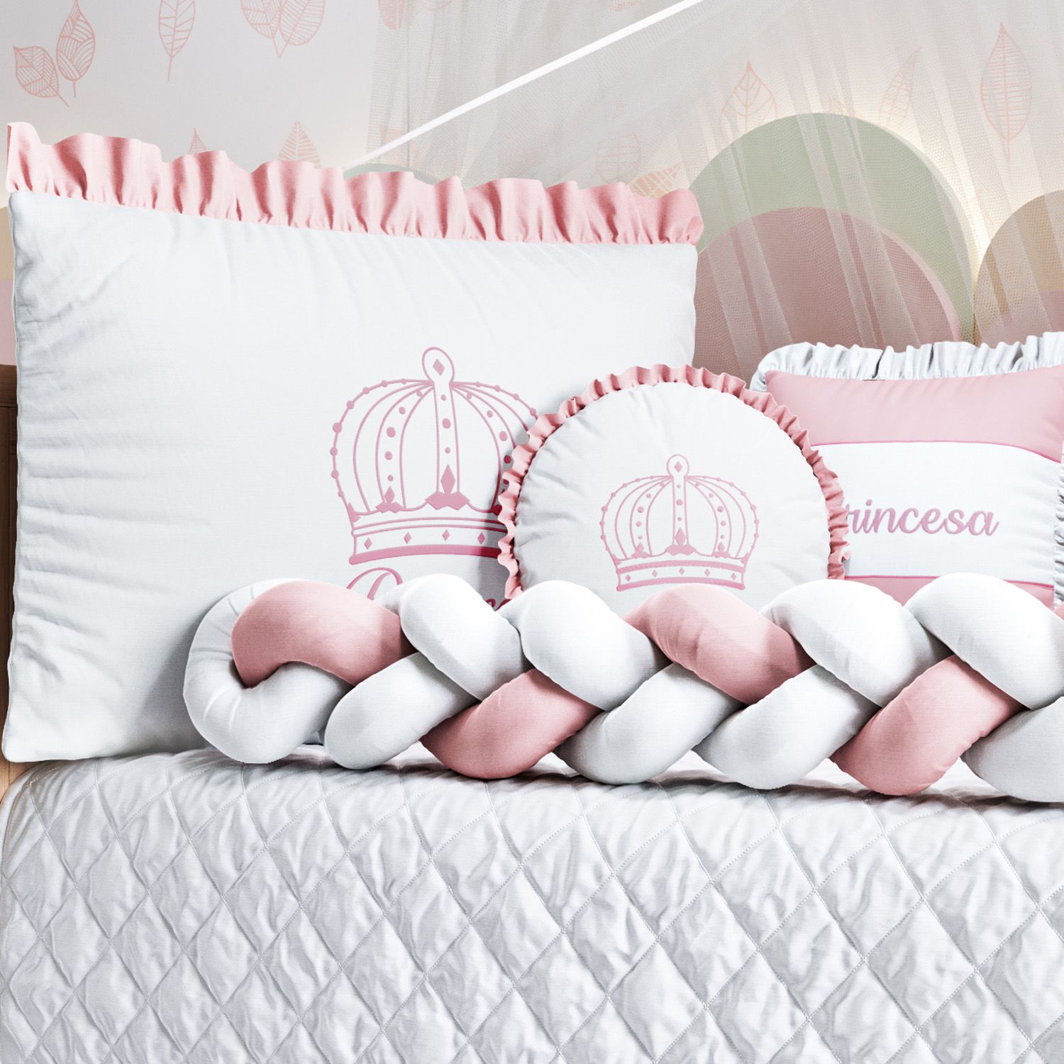 Kit Berço Duas Tranças Menina Princesa Rosa