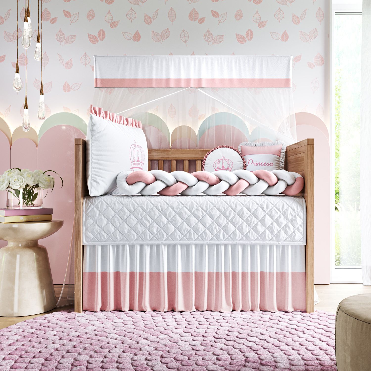 Kit Berço Duas Tranças Menina Princesa Rosa