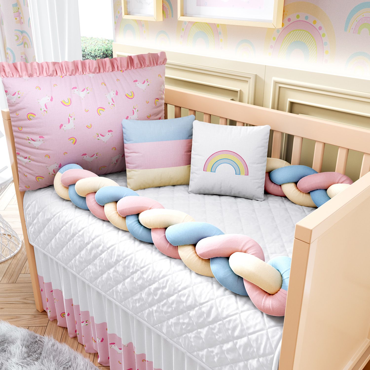 Kit Berço Trança Unicórnio Rosa