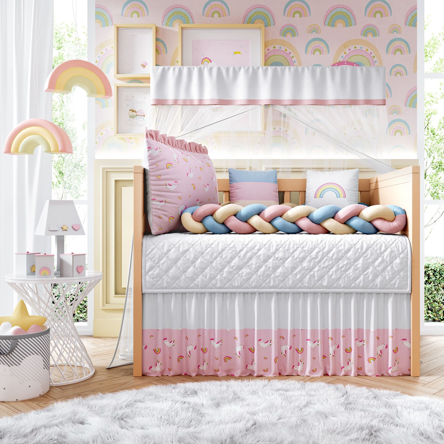 Kit Berço Trança Unicórnio Rosa