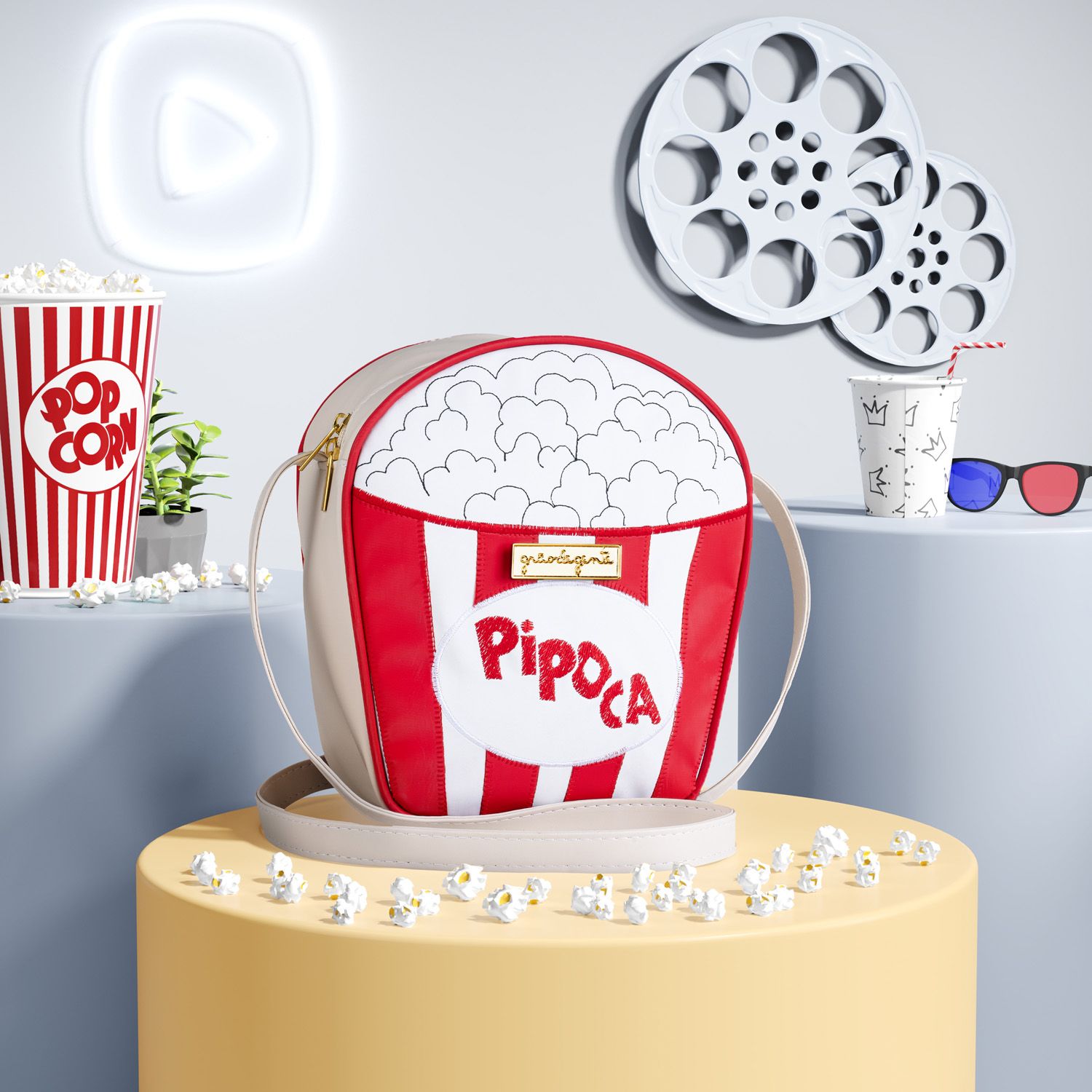 Bolsa Infantil Pipoca Branco e Vermelho 24cm