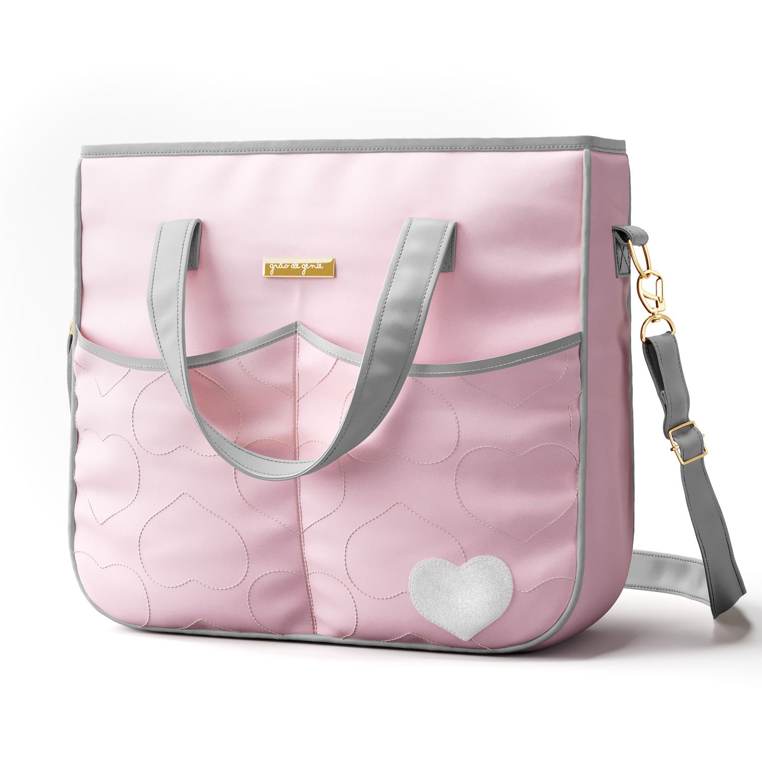 Bolsa Maternidade Tote Coração Rosa e Cinza 37cm