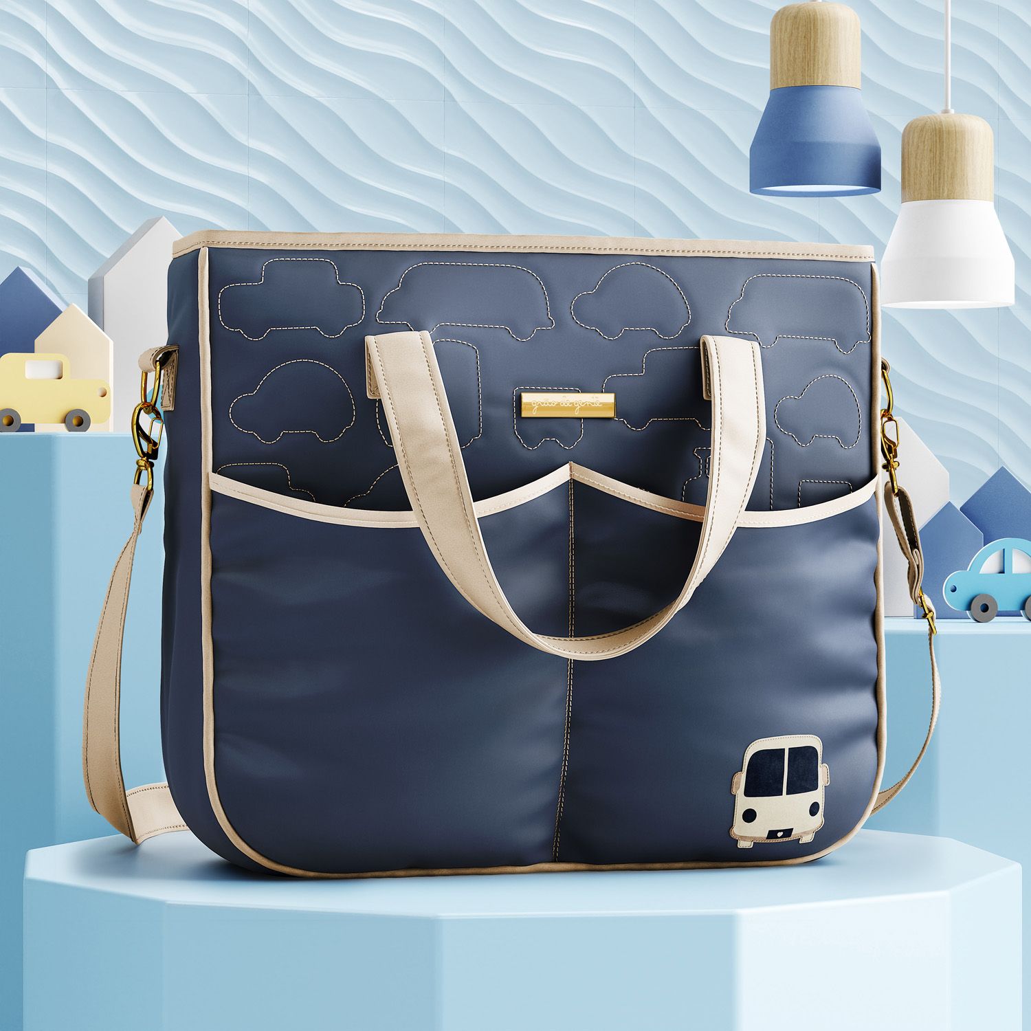 Bolsa Maternidade Tote Carrinhos Ônibus Azul Marinho 37cm